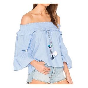 Misa Alma blue ruffle Off the shoulder tassel half sleeve blouse womens xs